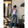 Pantalones vaqueros de cintura alta con cordón vintage de talla grande para mujer 2024, nuevos pantalones holgados de estilo americano con diseño de pierna ancha y combinables a la moda.