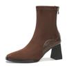 Botas Curtas de Camurça Francesa Femininas Novas Outono e Inverno Zíper Salto Grosso Botas Martinas Bico Quadrado Emagrecedoras Chelsea Botas de Cano Curto Costura