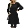 Moda Europeia e Americana Vestido Feminino Tricô Manga Bufante Manga Longa Outono Inverno Gola Redonda Casual Solto com Bolsos