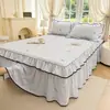 Saia de cama de peça única em tecido lavado amassado estilo coreano com estampa floral pequena e acabamento em renda, cobre-leito de 1,2m para esconder imperfeições e evitar que escorregue