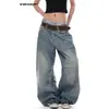Calça jeans larga estilo retrô americano com estampa de bambu, cintura alta e design único, adequada para homens e mulheres, jeans casual versátil para o outono