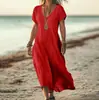 Vestido Casual de Manga Corta con Cuello en V de Color Puro, Cómodo, de Longitud Media para Mujer, Nuevo 2025, Transfronterizo Europeo y Americano, Amazon Aliexpress