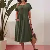 Comércio exterior transfronteiriço Amazon Europeu e americano vestido feminino nova cor sólida gola redonda bolso plissado manga curta algodão e linho vestido