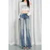 Novo produto: Estética de estilo russo, jeans de cintura baixa azul claro elásticos e duráveis com leve boca de sino, suporta dropshipping