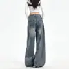 Jeans de pierna ancha plisados de cintura alta estilo americano 2026 para mujer, lavados y desgastados, muy acampanados, hasta el suelo, de corte holgado, jeans fluidos
