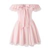 7593-25 Nuevo Estilo de Verano Estilo Puro Americano Sexy Rosa Cuello de una Sola Línea Encaje Empalmado Vestido Minifalda