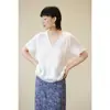 Camisa Feminina 2026 Verão Roupas Retro Francesas 100% Linho Branca com Renda Bordada Emagrecimento Decote V Manga Curta Top Solto