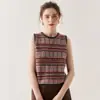Chaleco Tejido de Cachemir Jacquard Retro de Cuello Redondo sin Mangas, Chaleco Suéter Holgado de Rayas Superpuestas Suave y Ceroso Femenino