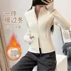 Chamarra de Yoga con Forro de Polar Cuello Alto Cremallera Caliente Ropa de Fitness Otoño Invierno Adelgazante Manga Larga Chamarra Deportiva para Correr Top para Mujer