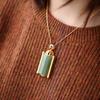 Colar de clavícula banhado a ouro e prata esterlina incrustado jade fumaça roxo jade retrô all-match estilo étnico feminino elegante colar pingente