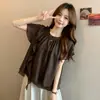 Design de Moda de Verão Fita Gola Alta Manga Curta Camisa Feminina Tamanho Plus Escondendo a Barriga Emagrecimento Blusa de Chiffon A13245