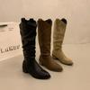Botas Largas de Ante Marrón con Tacón Grueso 2025 para Mujer, Botas Altas, Estilo Western Apilado, Nuevo Otoño en Forma de V para Adultos