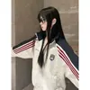 Cardigan Jaqueta Listrado com Zíper Casual Versátil Gola Reversível Unissex Moda Coreana Outono e Primavera Solto