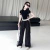 Traje Casual Americano Urbano Nuevo para Niñas 2025 Traje de Pantalón de Grulla de Manga Corta con Encaje para Niños Transfronterizo