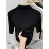 Camiseta Negra Estilo Coreano de Cuello Medio y Manga Media para Mujer Primavera Verano Otoño Elástica Ajustada Manga de Cinco Puntos Capa Base Top Interior