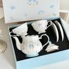 Lento como el Viejo Selección Cuidadosa-Juego de Taza y Platillo Tetera de Cerámica Platycodon Azul Caja de Regalo para Café Té de la Tarde Retro de Alta Gama