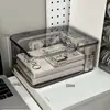 Caja organizadora de escritorio de acrílico de alta transparencia, caja organizadora a prueba de polvo con tapa abatible para dormitorio, dormitorio estudiantil, oficina, con cesta de almacenamiento con tapa