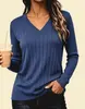 Amazon 2025 Primavera y Otoño Transfronterizo Suéter Casual Versátil de Manga Larga de Color Sólido con Cuello en V y Costilla Cepillada para Mujer
