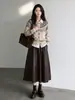 Saia Midi Feminina Elástica de Cintura Alta Outono Inverno Meia-Saia Roupas Femininas Bainha Larga Couro Proteico Saia de Couro Evasê Meia-Saia Saia Longa Feminina