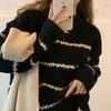 Suéter de gola redonda estilo preguiçoso feminino outono e inverno 2021 novo estilo coreano solto listrado contraste cor manga comprida suéter moderno