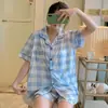 Pijama de Manga Corta y Shorts Estilo Japonés Fresco Cuadros Traje para Mujer Ropa de Casa para Mujer