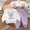 Traje de manga larga para niña estilo coreano nuevo Primavera Suéter estampado de conejo grande para niños Traje de calle estilo occidental para niña pequeña