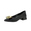 Zapatos de Punta Fina para Mujer 2026 Primavera Nuevo Estilo Hebilla Metálica Boca Baja Tacón Grueso Tacón Medio Color Sólido Piel Genuina Simples Zapatos para Mujer