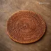 Posavasos redondo grande de ratán lacado incrustado de estaño hecho a mano, base para taza de té tejida, posavasos para olla y platos, aislamiento térmico, accesorios para juego de té