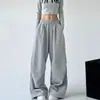 Calça Jogger Cinza Estilo Americano para Mulheres, Nova Coleção Primavera e Outono 2025, Cintura Alta, Corte Reto Solto, Casual, Calça de Pierna Larga para Trabalho