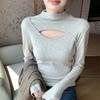 H563 Costura Selecionada Rigorosamente Furador Outono e Inverno Cuidado Camiseta Base Feminina Gola Alta Meio Vazada Design Hot Girl Manga Longa Feminina