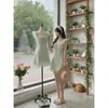 H2AN1 STUDIOOriginal Vestido Floral Esponjoso de Tirantes Verde Menta Dulce Cintura Ceñida con Mangas Abullonadas para Mujer Verano