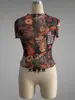 Estilo Nuevo de Verano Transfronterizo Manga Corta Floral Ajustado Sexy Blusa de Gasa Tops Camisetas para Mujer Europeas y Americanas Ropa para Mujer de Comercio Exterior