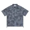 Camisa de manga curta xadrez tie-dye desgastada suja masculina tendência europeia e americana bainha com cordão camisa de lapela mangas de cinco pontas verão