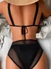 Biquíni Patchwork de Tela Preta de Cintura Alta Europeu e Americano para Mulheres Copo Triângulo V Profundo Roupa de Banho Dividida para Férias na Praia Transfronteiriça