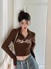 Camiseta Retro de Estilo Americano con Cuello de Solapa de Manga Larga para Mujer, Otoño, Cintura Alta, Ombligo al Descubierto, Ajuste Delgado, Top Corto Ajustado, Camiseta Básica
