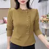 Moda Nueva Otoño e Invierno Talla Grande para Mujer Top de Manga Larga que Cubre el Vientre para Madres de Mediana Edad y Mayores, Cuello Semi-Alto con Botones y Cuello Fruncido