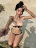 Estilo de Rua Transfronteiriço Garota Americana Hot Sexy Estilo Praia Conjunto de Biquíni Conjunto de Top Cropped com Estampa de Letras Retrô Shorts