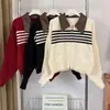 Cárdigan de Punto Exterior con Empalme de Cuello Polo para Mujer Otoño 2025 Nuevo Estilo Estilo Preppy Suéter Ajustado Chaqueta Corta Top