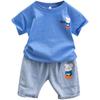 Traje de verano para niños color sólido letra caricatura estampado algodón camiseta manga corta + shorts de mezclilla conjunto de dos piezas para niños y niñas
