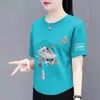 Estoque Excedente de Comércio Exterior Transfronteiriço Estilo Chinês Vintage Roupas de Mãe Camiseta de Manga Curta para Meia-Idade Camisa Base Solta Novo Estilo Chinês