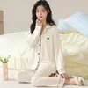 Pijama de algodón para mujer hecho a medida de manga larga, cárdigan simple de color liso estilo coreano, conjunto de ropa para el hogar para primavera y otoño, se puede usar fuera