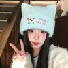 Bonito gorro de lana azul bordado con orejas de gato para mujer, cálido para otoño e invierno, adecuado para circunferencia de cabeza grande, hace que la cara se vea más pequeña y protege del frío