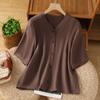Toma Real de Camisa Sencilla Retro Lisa 2025 Cuello en V Manga Media Chaqueta de Botones Sencillos Cárdigan Casual Top para Mujer