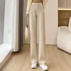 Pantalones ZLS de otoño e invierno de corte ajustado y pierna ancha para mujer, nuevo estilo 2025, pantalones casuales de mezcla de lana de tiro alto rectos adelgazantes con forro polar y grosor adicional