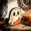 Ornamento de mesa de madeira vintage desgastado para Halloween Fantasma Abóbora Gato Preto casa de madeira desenho animado decoração de feriado