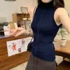Colete de Malha Gola Alta Sem Manga Azul Marinho Retrô Francês para Mulheres 2026 Novo Estilo de Verão Slim Fit para Usar por Cima