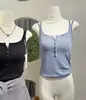 Top Camisa de Tricô com Botões e Decote V Coreano Francês para Mulheres Alças Finas Duplas Básico Versátil Roupa Íntima Colete Curto Top 8201