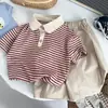 Conjunto de Verano para Niños, Conjunto Casual a Rayas de Manga Corta con Cuello Campana, Elegante Top de Manga Corta con Pantalones de 7/8 para Niños Pequeños