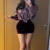Primavera 2026 Nuevo Estilo Coreano Morado Elegante Camisa de Cuello en V con Cinta Falda de Cintura Alta Conjunto de Moda Tendencia Ins