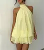 Ropa de Mujer Transfronteriza Europea y Americana de Vacaciones Adelgazante Sexy Espalda Descubierta Cuello Halter Corbata en la Cintura Top Falda Corta Esponjosa Vestido